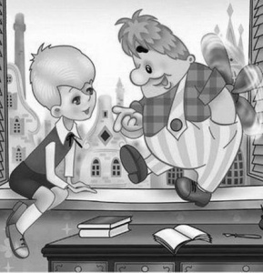 Образец раскраска малыш и Карлсон на окне из советского мультфильма
